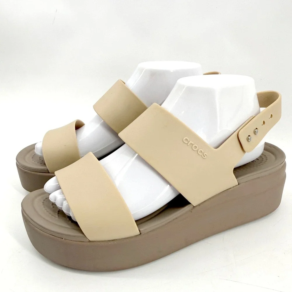 Crocs Brooklyn Low Wedge Sandals Womens Beige Mushroom Platform Strappy